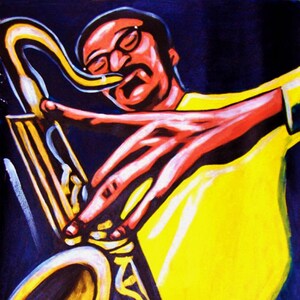 May include: A painting of a person playing a gold saxophone with a yellow shirt against a dark blue background.