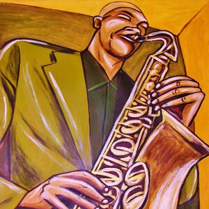 May include: A painting of a person playing a gold saxophone. The person is wearing a green jacket and a dark green shirt. The background is a yellow and green color.