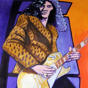 May include: An acrylic painting of a person playing a gold electric guitar. The person is wearing a brown and gold leopard print jacket and black pants. The background is purple and orange.