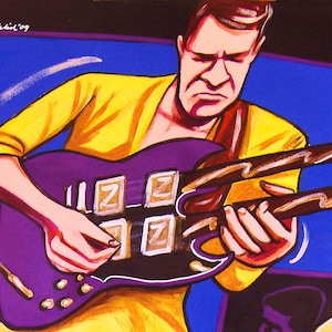 May include: Illustration of a musician playing a double-neck guitar. The guitar is purple with gold accents and the body has the letter "Z" on it. The musician is wearing a yellow shirt. The background is blue and black.