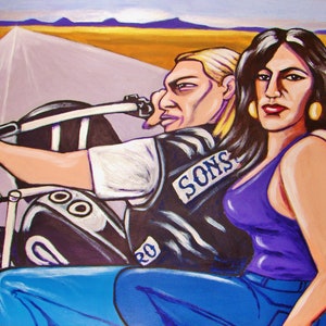 May include: A painting of a man and a woman riding a motorcycle. The man is wearing a black vest with the words "SONS" on it. The woman is wearing a purple tank top and blue jeans. The motorcycle is black and has a white stripe down the side.