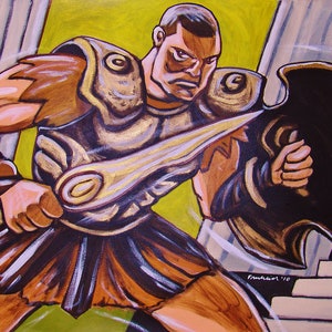 Op de afbeelding: Een schilderij van een gespierde krijger in gouden harnas, die een zwaard en schild vasthoudt. De krijger heeft een vastberaden uitdrukking op zijn gezicht en is klaar voor de strijd. De achtergrond is geel en bruin.