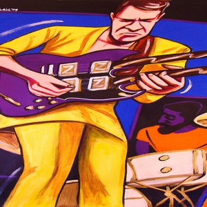 May include: A painting of a musician playing a purple electric guitar with a double neck. The musician is wearing a yellow jumpsuit and is performing on stage. A drummer is visible in the background.