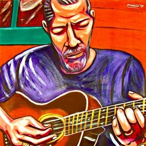 May include: An abstract painting of a person playing an acoustic guitar. The person is wearing a purple shirt and blue pants. The guitar is brown with yellow accents. The background is orange and green.