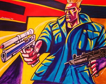 Può includere: Un dipinto di un uomo con una giacca blu che tiene una pistola argentata e blu nella mano destra e una pistola nera nella mano sinistra. Lo sfondo è giallo, rosso e nero.