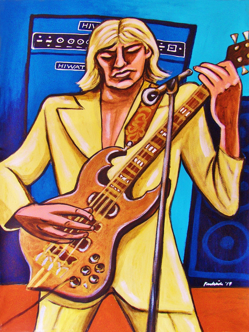 May include: A painting of a person playing a brown bass guitar with a yellow guitar strap. The person is wearing a yellow suit and has long blonde hair. The background is blue with a black speaker.
