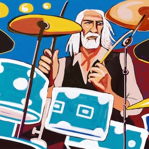 Peut inclure: Un homme avec une longue barbe blanche joue d'une batterie bleue et blanche avec des cymbales jaunes. L'arrière-plan est bleu vif avec des cercles jaunes.