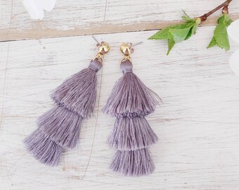 Tassel Earrings, Gray Tassel Earrings, Fringe Earrings, Stud Tassel Earrings