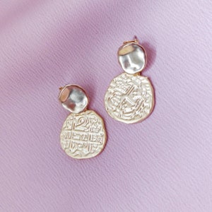 Gold coin earrings, Gold dangle stud earrings, Coin studs, Coin earrings