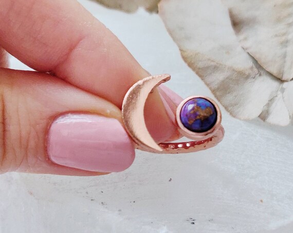 Purple Copper Turquoise Crescent Moon Ring - 24k Gold Plated Adjustable Ring
