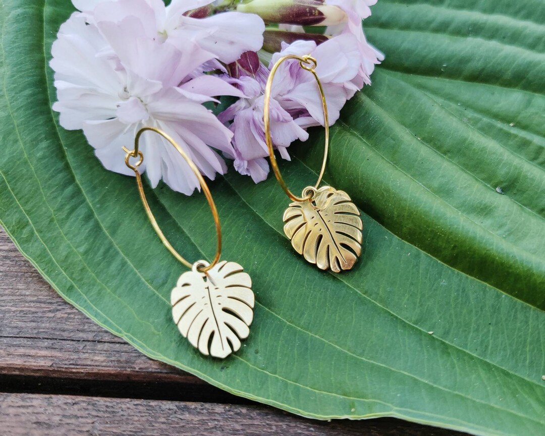 Gold Hoop Earrings, Tropical Leaf Hoop Earrings, Monstera Earrings