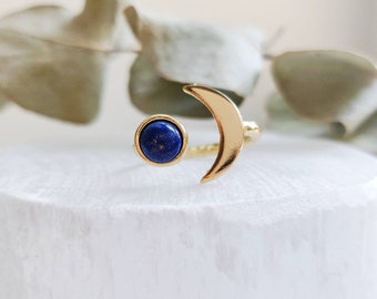 Lapis Lazuli ring, Crescent Moon Ring, Dainty Moon Ring, Adjustable Ring, Minimalist Moon Ring, Gemstone Ring