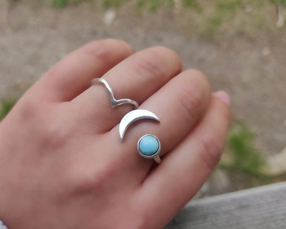 Larimar Crescent Moon Ring: Adjustable Gemstone Jewelry