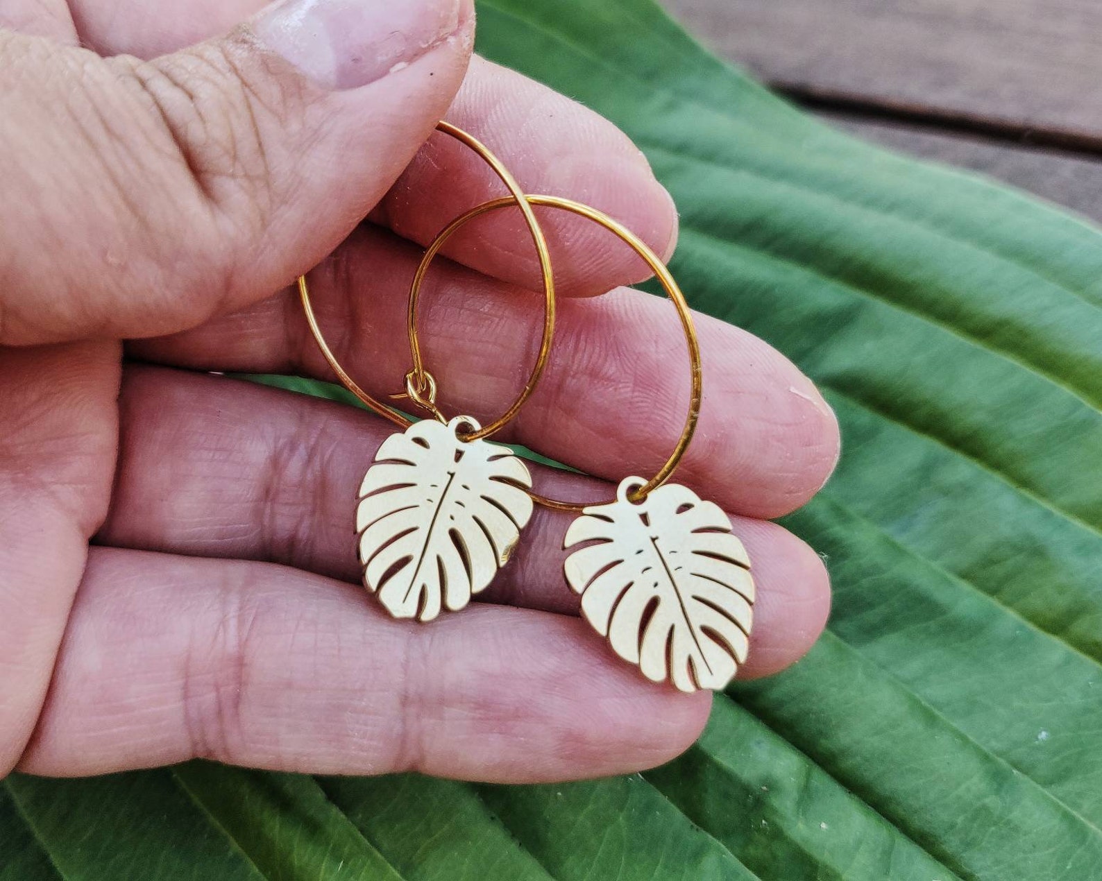 Gold Hoop Earrings, Tropical Leaf Hoop Earrings, Monstera Earrings