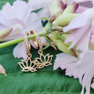 Lotus Hoop earrings, Lotus charm earrings, Delicate earring, Tiny Hoop earring, Dainty earrings, Minimalist earrings