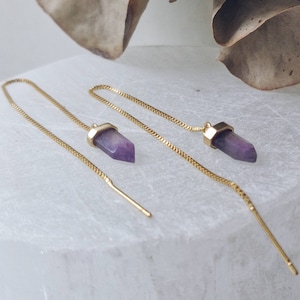 Dangle Threader Earrings, Amethyst Threader Earrings, Quartz Threader Earrings, Long Chain Earrings, Delicate Chain Earrings,
