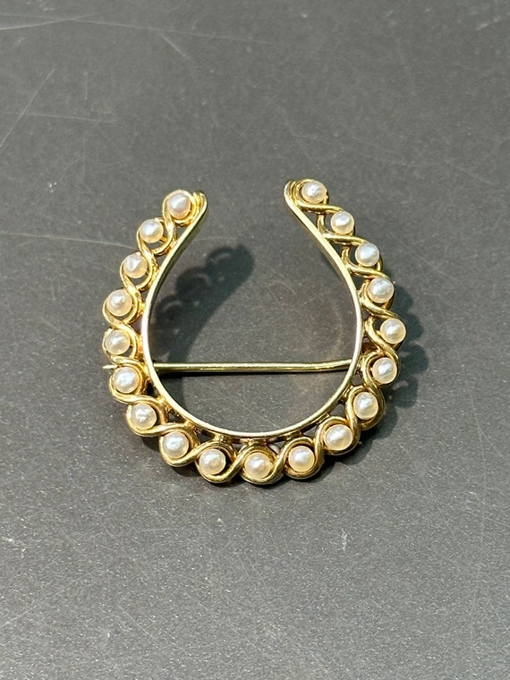 Victorian 14K Gold Natural Pearl Horse Shoe Brooch - image 1