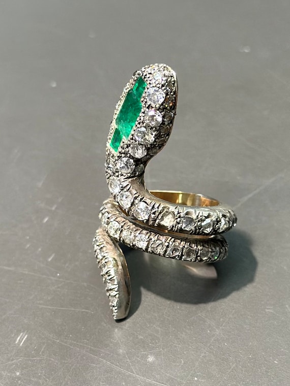 Victorian 15K Gold Diamond Emerald Serpent Ring S… - image 4