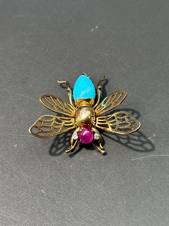 Vintage 18K Gold Articulate Turquoise Ruby Bug Br… - image 3