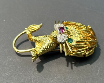 Broche Vintage Or Jaune 14 Carats Diamant Rubis Tête De Lion 7,6 G - Occasion