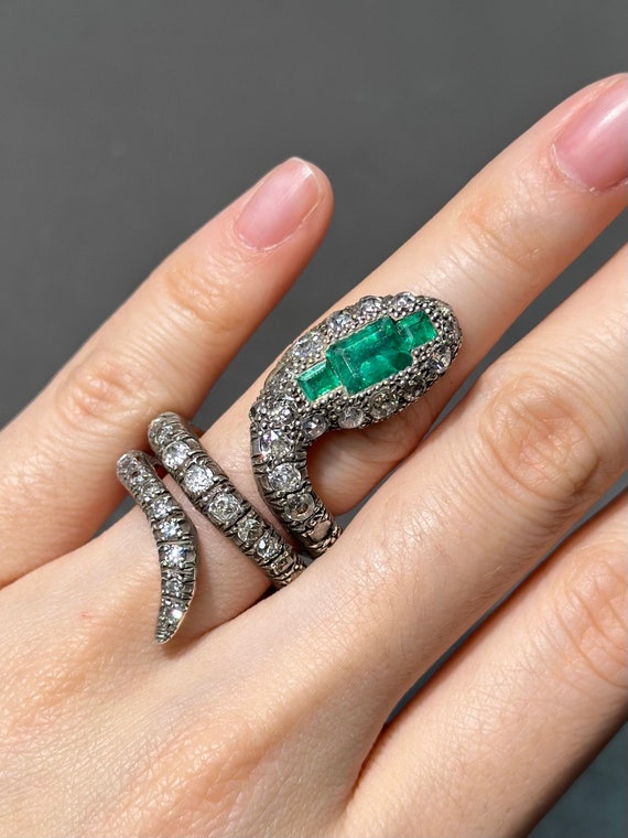 Victorian 15K Gold Diamond Emerald Serpent Ring S… - image 7