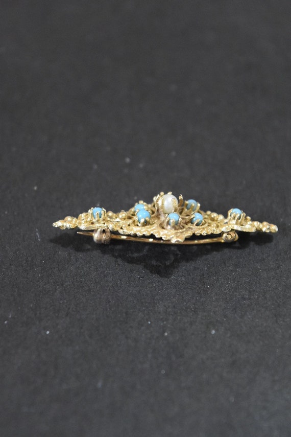 Victorian 14K Gold Natural Turquoise and Peal Bro… - image 2