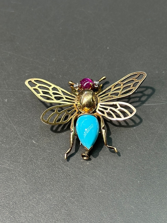 Vintage 18K Gold Articulate Turquoise Ruby Bug Br… - image 1