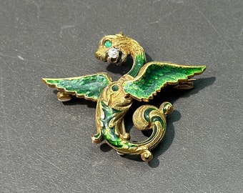 Broszka w stylu Art Nouveau ze złota emaliowanego 14K w kształcie smoka gryfa