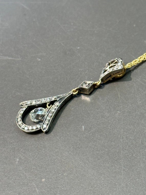 Edwardian 18K Gold Topped Silver Diamond Drop Nec… - image 4