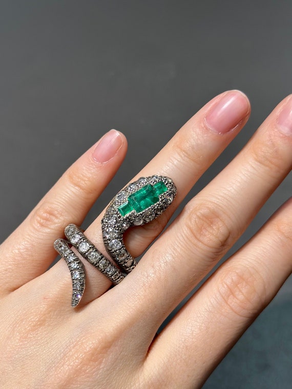 Victorian 15K Gold Diamond Emerald Serpent Ring S… - image 3