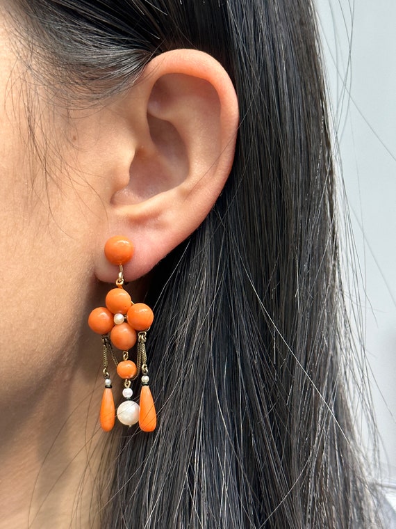 Victorian 14K Gold Coral and Pearl Chandelier Ear… - image 5