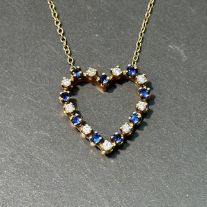 Vintage 18K Gold Open Heart Sapphire Diamond Pendant Necklace