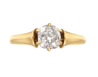 Anillo antiguo de oro de 14 quilates con diamante talla cojín antiguo de 0,92 quilates.