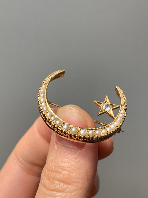 Antique 14K Gold Pearl and Diamond Crescent and S… - image 5