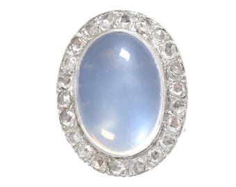 Edwardiaans 14 kt witgoud 13,2 CTW Ceylon-maansteen roosgeslepen diamanten haloring