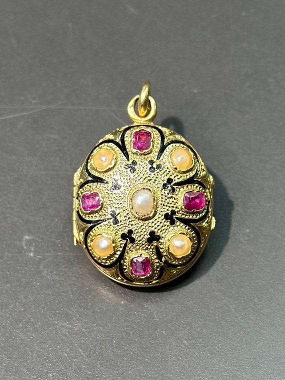 Victorian French 18K Gold Ruby Pearl Enamel Locket