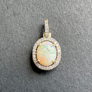 14K Gold Opal Diamond Halo Pendant