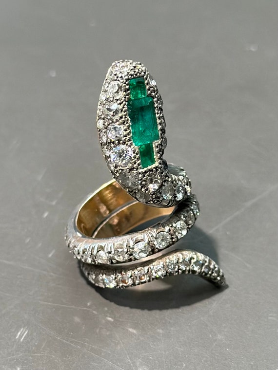 Victorian 15K Gold Diamond Emerald Serpent Ring S… - image 5