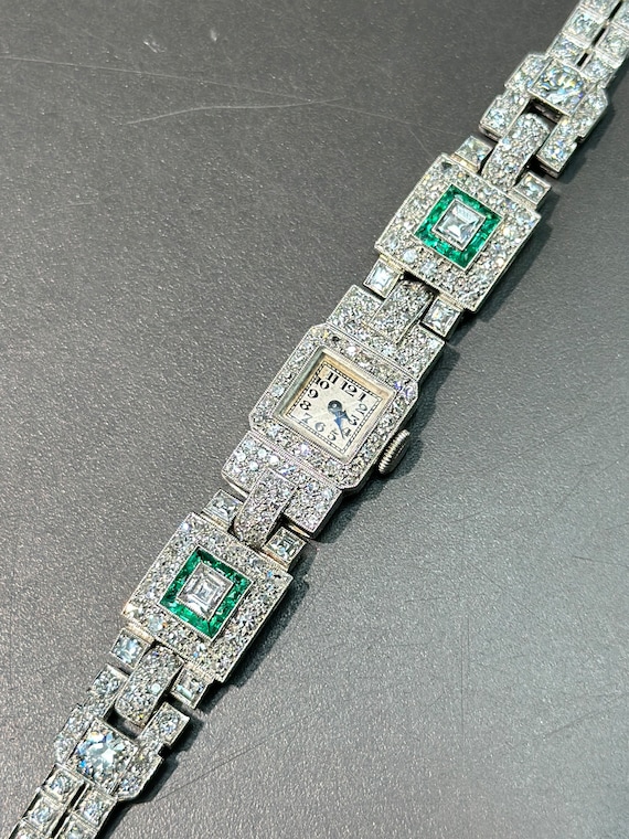 Art Deco Platinum Diamond Emerald Watch