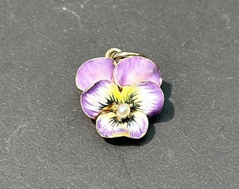 Art Nouveau 14K Gold Enamel Pearl Purple Pansy Flower Charm