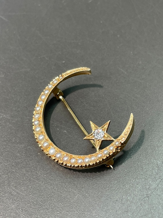 Antique 14K Gold Pearl and Diamond Crescent and S… - image 2