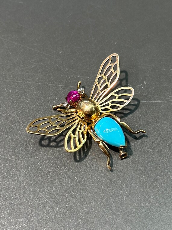 Vintage 18K Gold Articulate Turquoise Ruby Bug Br… - image 2