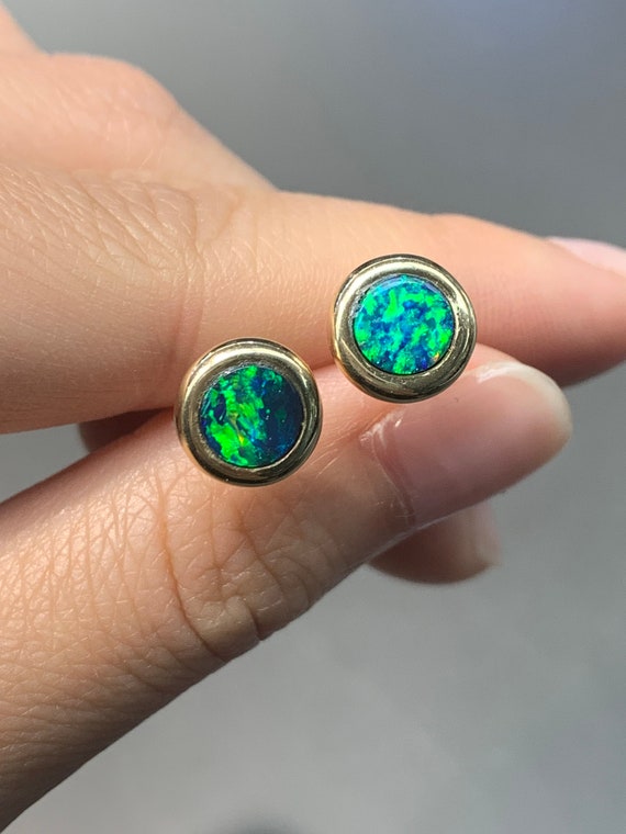 Vintage 14K Gold Natural Black Opal Bezel Earring