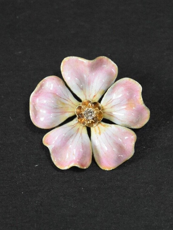 Art Nouveau 14K Gold Pink Flower Enamel Pendant - image 1