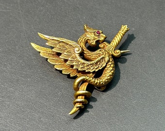 Broszka w stylu Art Nouveau Rikers Bros. 14K Gold Dragon Griffin