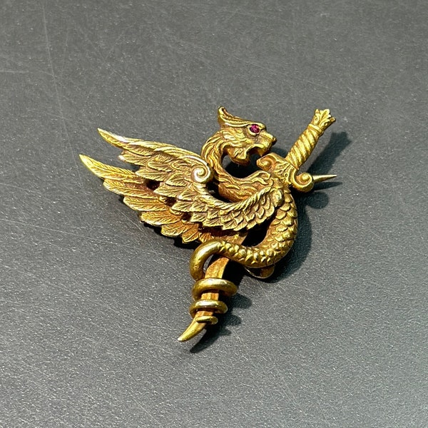 Art Nouveau Rikers Bros. 14K Gold Dragon Griffin Brooch