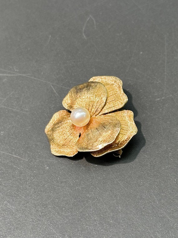 Art Nouveau 14K Gold Pearl Pansy Flower Brooch - image 3