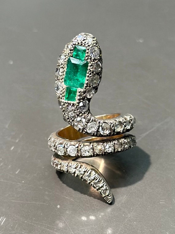 Victorian 15K Gold Diamond Emerald Serpent Ring S… - image 1