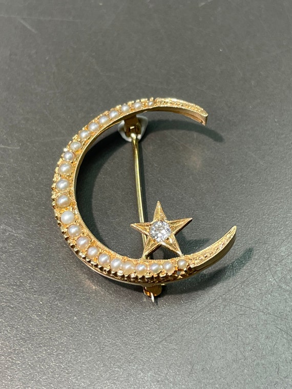 Antique 14K Gold Pearl and Diamond Crescent and S… - image 1