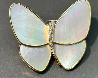 French Van Cleef Arpels 18K Gold Mother of Pearl Diamond Butterfly Brooch